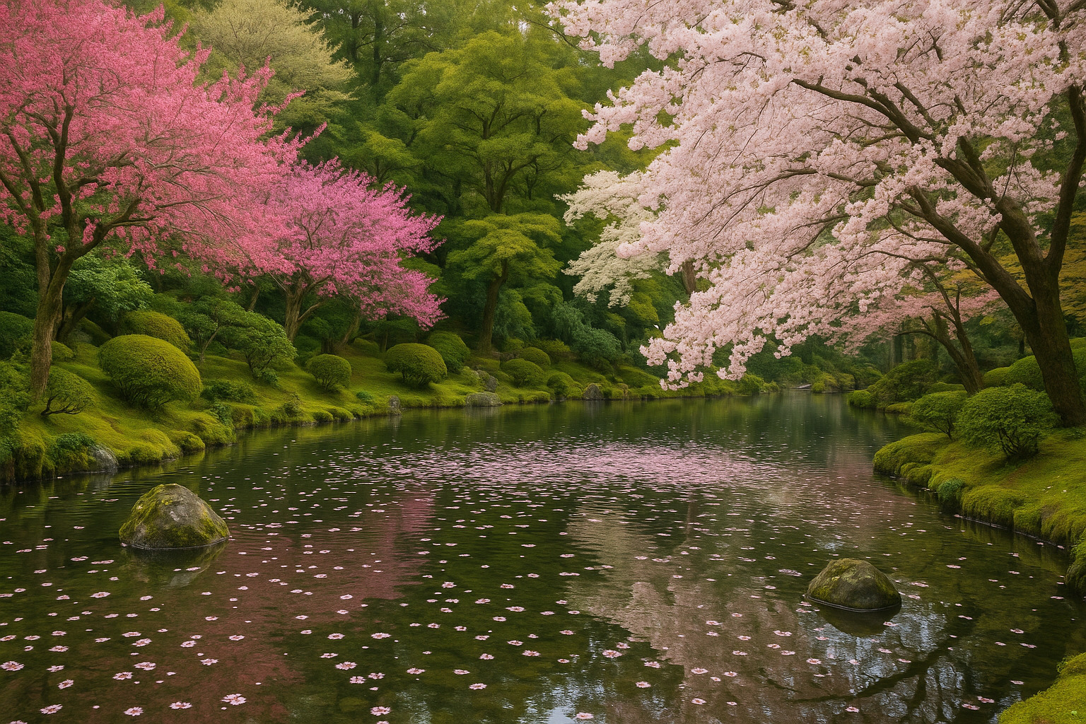 桜と梅が咲き誇る春の日本庭園と池の情景