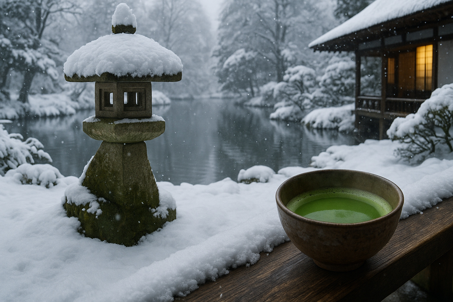 雪景色の中で抹茶を味わう冬の日本庭園