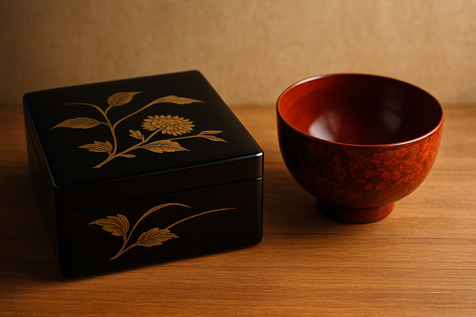 輪島塗と津軽塗を並べた日本の伝統漆器の美しいイメージ