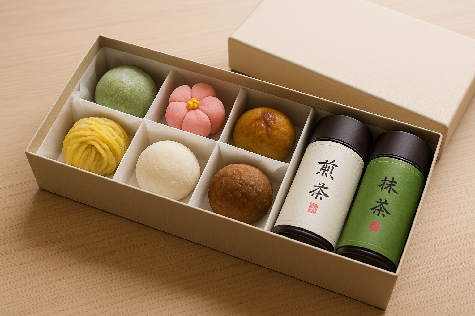 贈答用の和菓子と日本茶の詰め合わせ 贈答用の和菓子と日本茶の詰め合わせ
