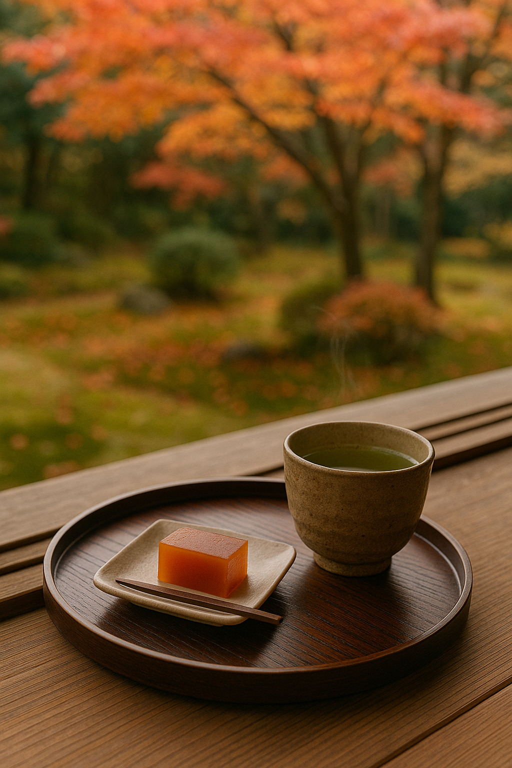 柿羊羹と煎茶を楽しむ秋の縁側 柿羊羹と煎茶を楽しむ秋の縁側