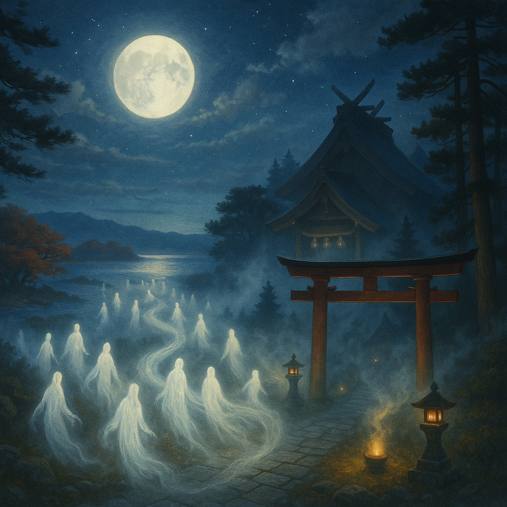 出雲大社に全国の神々が集う幻想的な月夜の情景