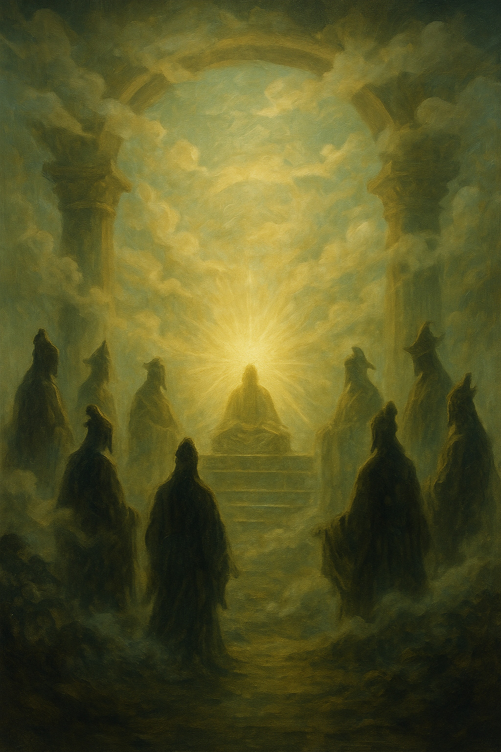 出雲の神々が神議を行う神秘的な光に包まれた古代神殿