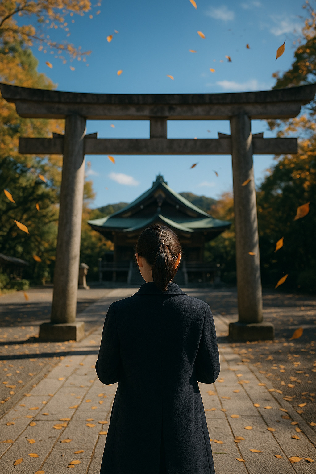秋晴れの神社で鳥居越しに参拝する現代人の後ろ姿