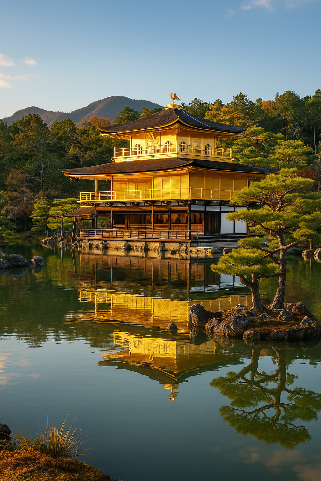 鏡湖池に金閣寺が映り込む京都の美しい風景 ― 青空と緑に囲まれた黄金の堂宇