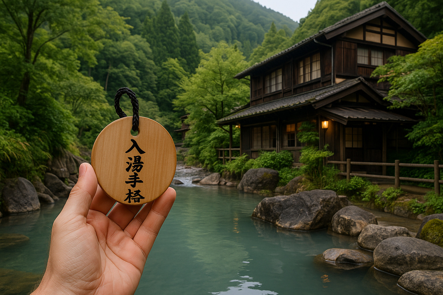 山里に佇む黒川温泉の露天風呂と入湯手形