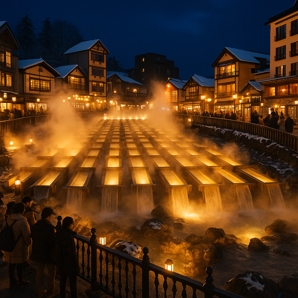群馬県・草津温泉のシンボル「湯畑」夜景