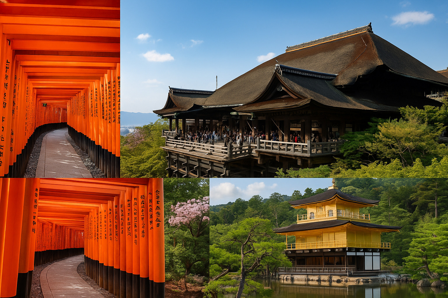 京都を代表する三大名所 ― 伏見稲荷大社の千本鳥居、清水寺の舞台、金閣寺の黄金の堂宇が調和する風景