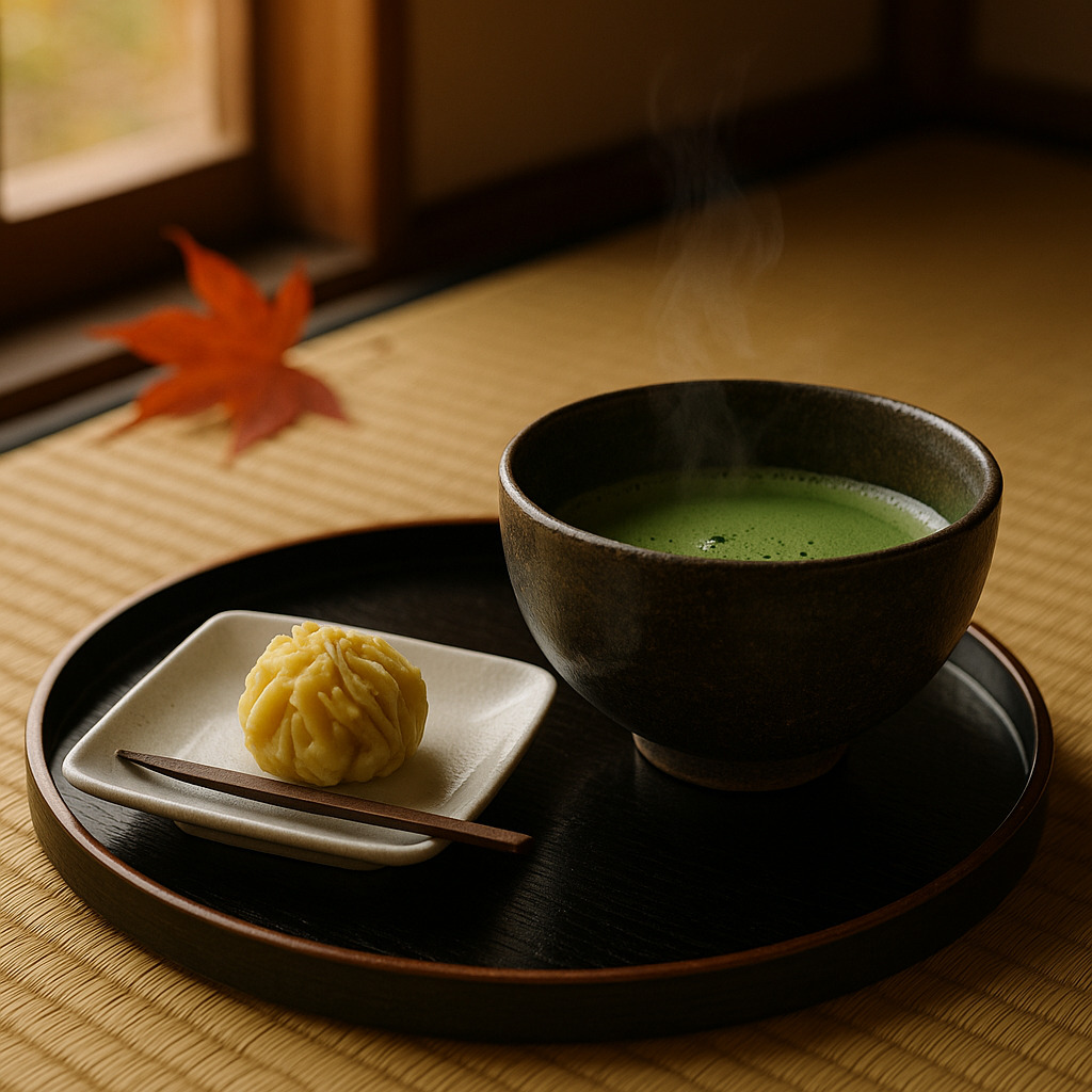 抹茶と栗きんとんの静かな茶席 抹茶と栗きんとんの静かな茶席