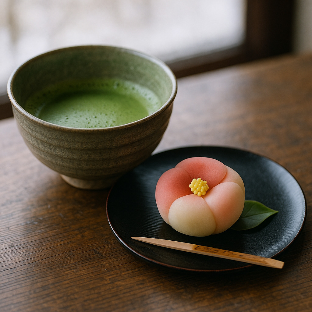 抹茶と冬の上生菓子 抹茶碗と椿をかたどった冬の上生菓子。木の卓上に並ぶ静かな構図