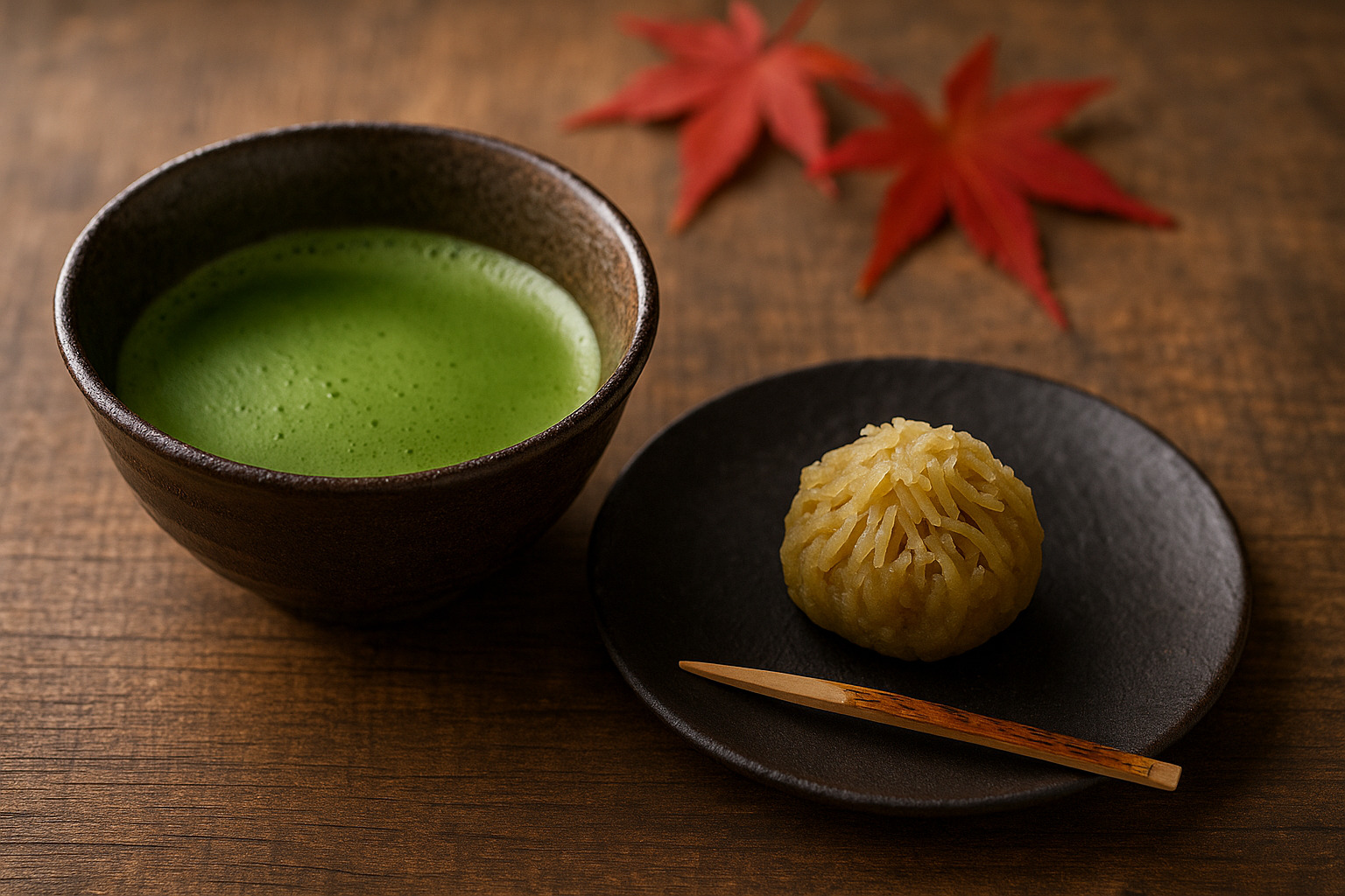 抹茶と栗きんとんの秋の茶会風情 抹茶と栗きんとんの秋の茶会風情