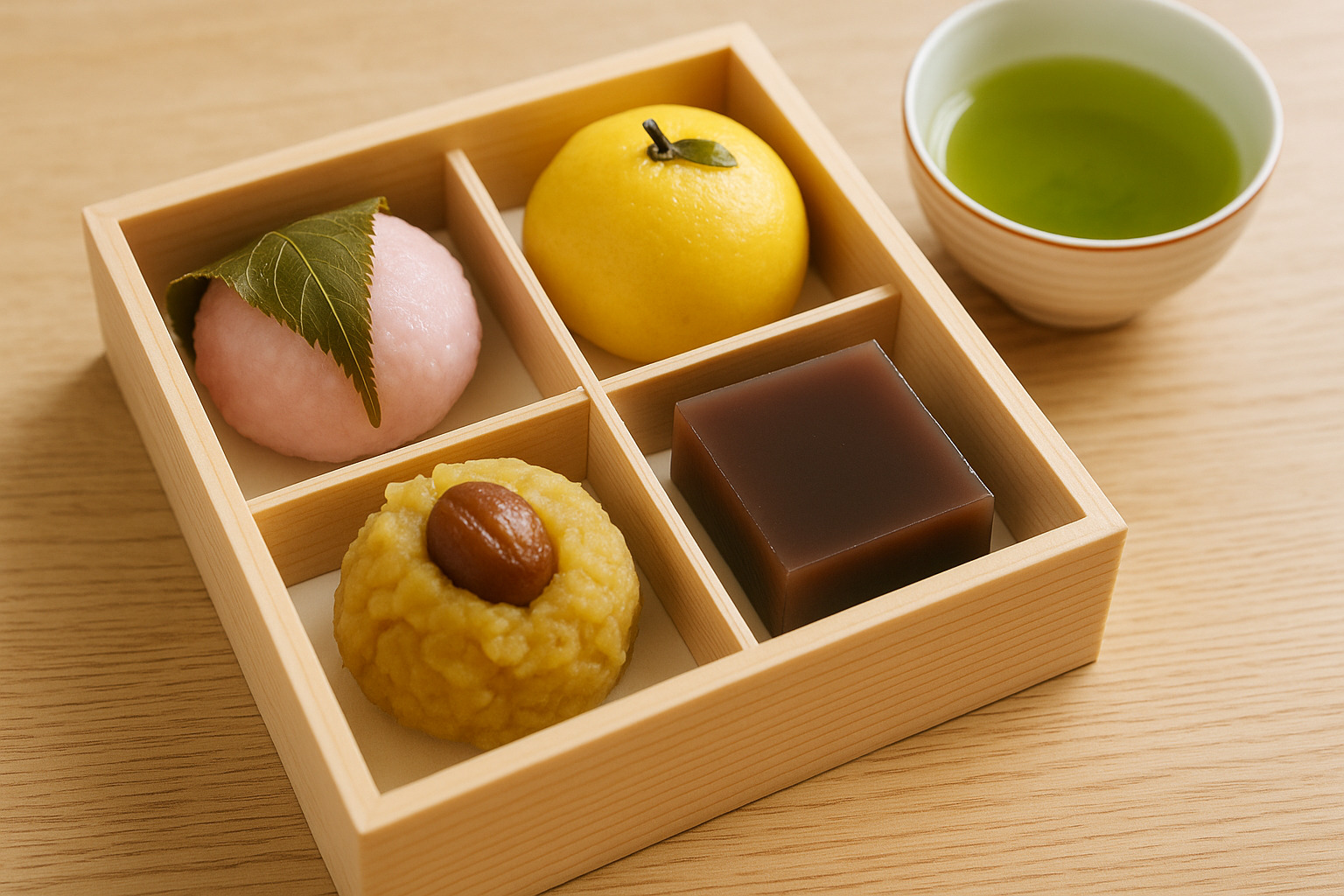 桜餅・柚子饅頭・栗きんとん・羊羹と煎茶のセット 桜餅・柚子饅頭・栗きんとん・羊羹と煎茶のセット