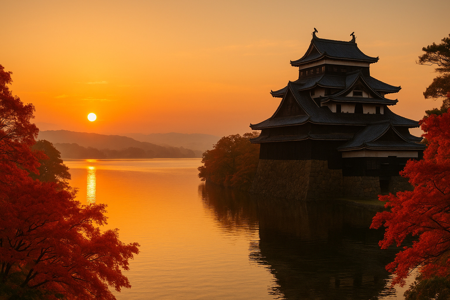 宍道湖の夕景に映える紅葉と松江城 ― 八雲が愛した秋の松江の情景