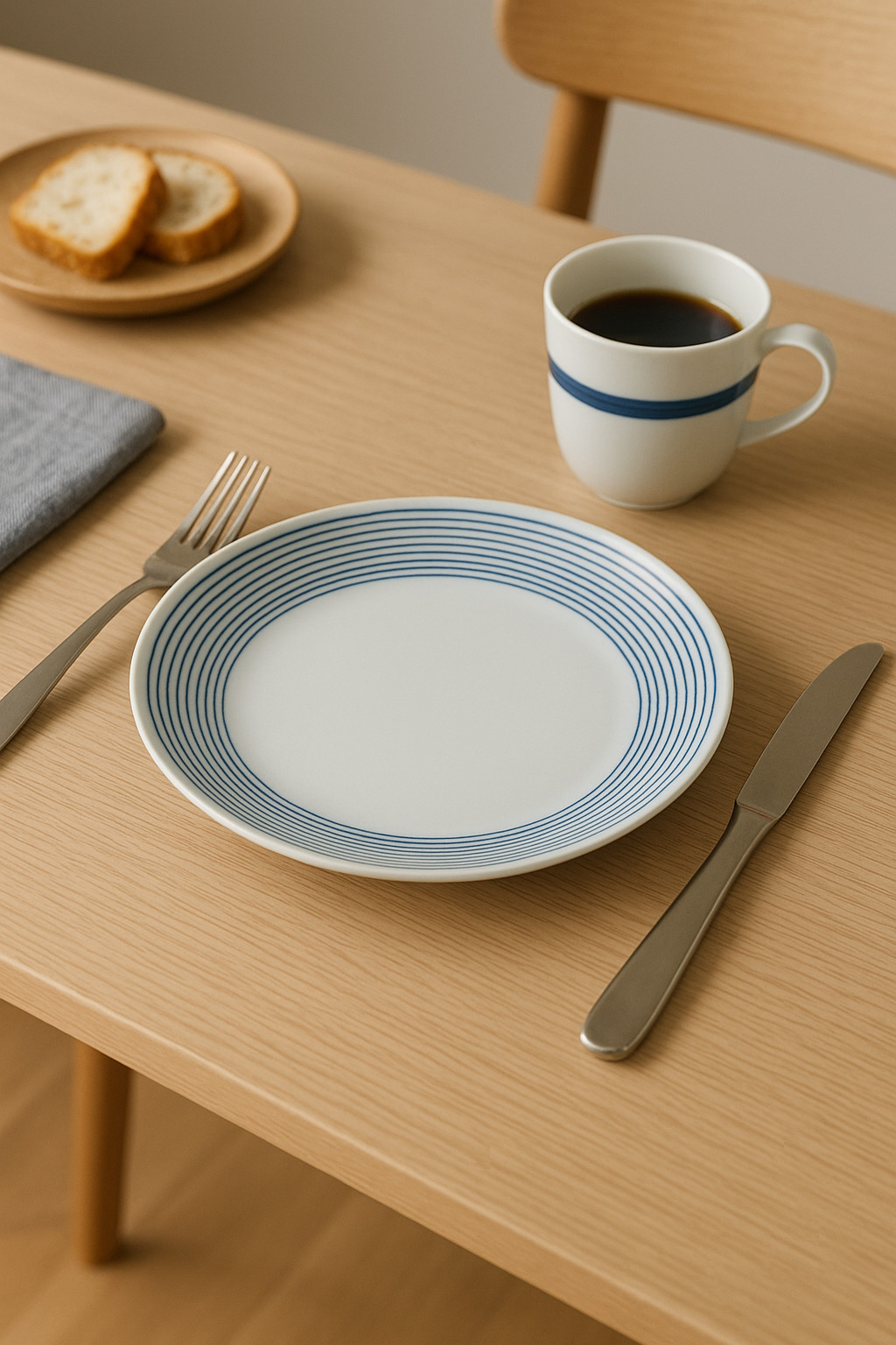 現代風の有田焼デザイン ― 生活に寄り添うモダンテーブルウェア 北欧風の木製テーブルに並ぶモダンデザインの有田焼の皿とカップ