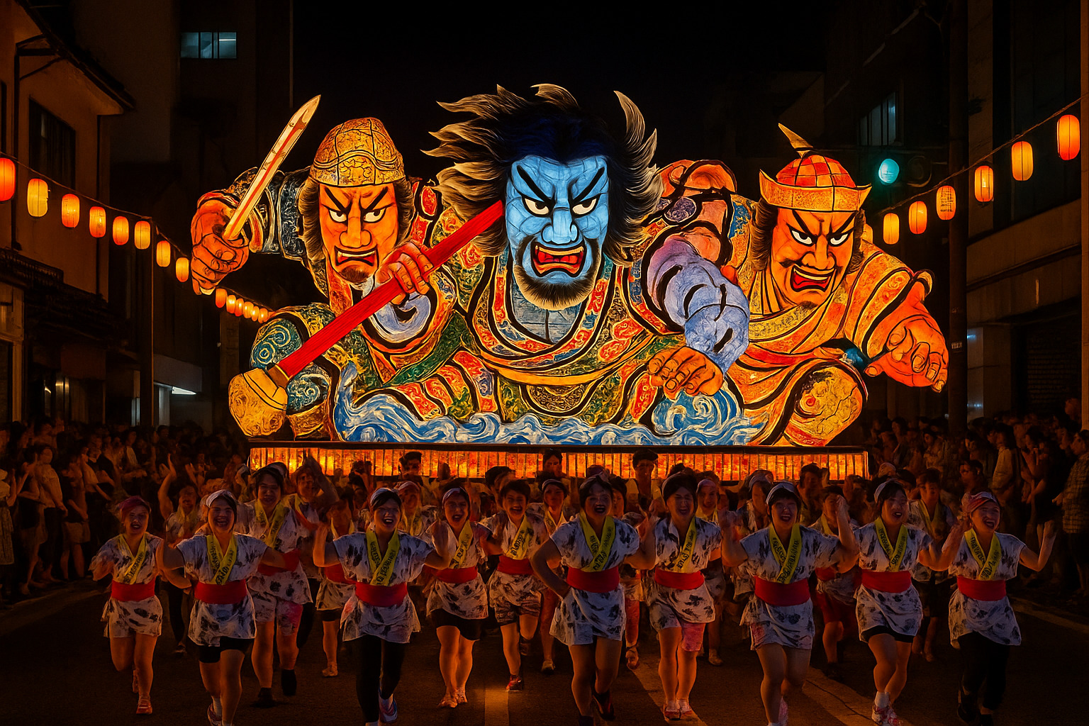 青森ねぶた祭の夜空を照らす巨大なねぶた灯籠の行列。光と迫力が融合した夏の祭り風景。