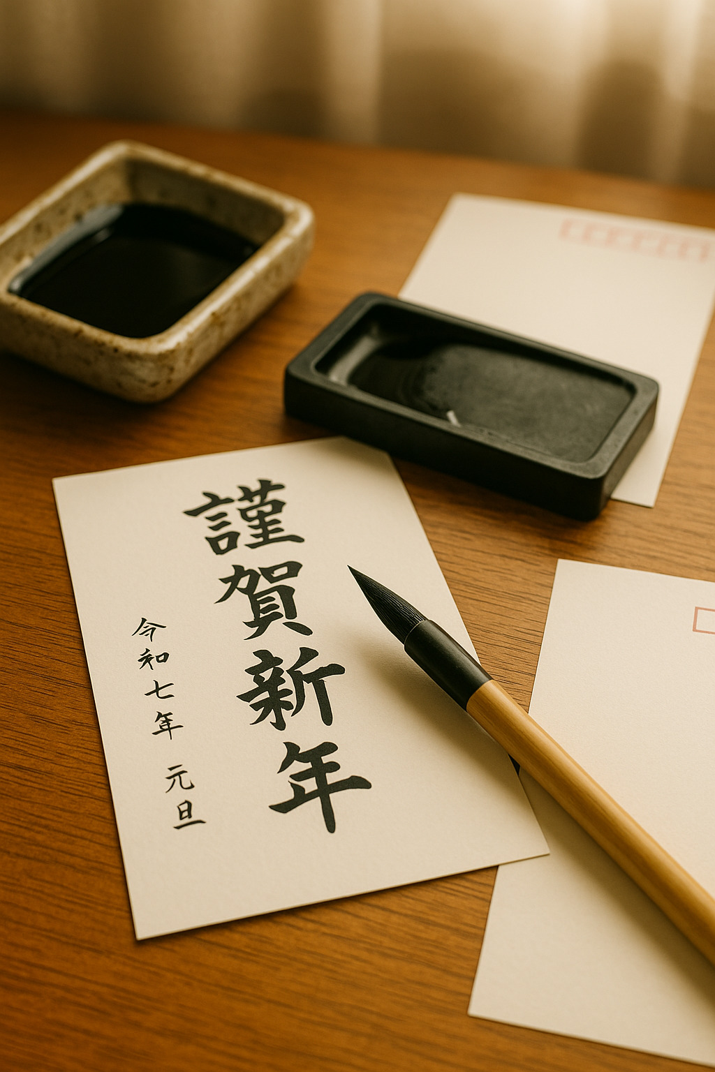 筆と年賀状を書く新年の準備風景 筆と年賀状を書く新年の準備風景