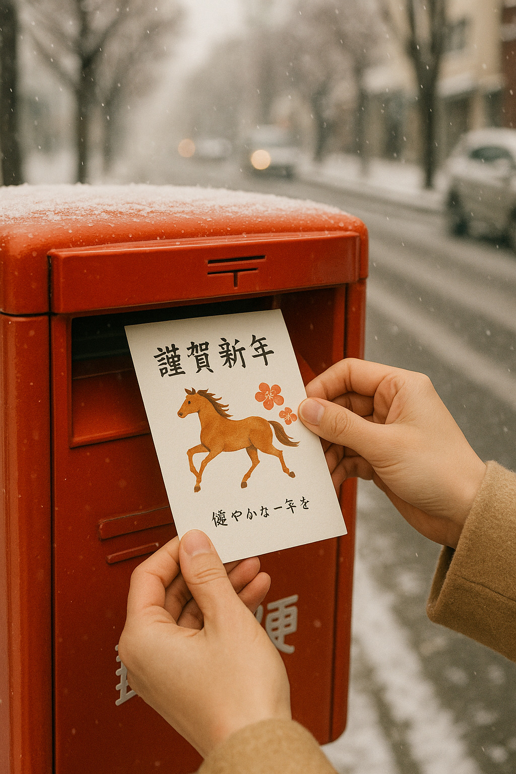 雪の街角で赤い郵便ポストに年賀状を投函する手元 雪の街角で赤い郵便ポストに年賀状を投函する手元