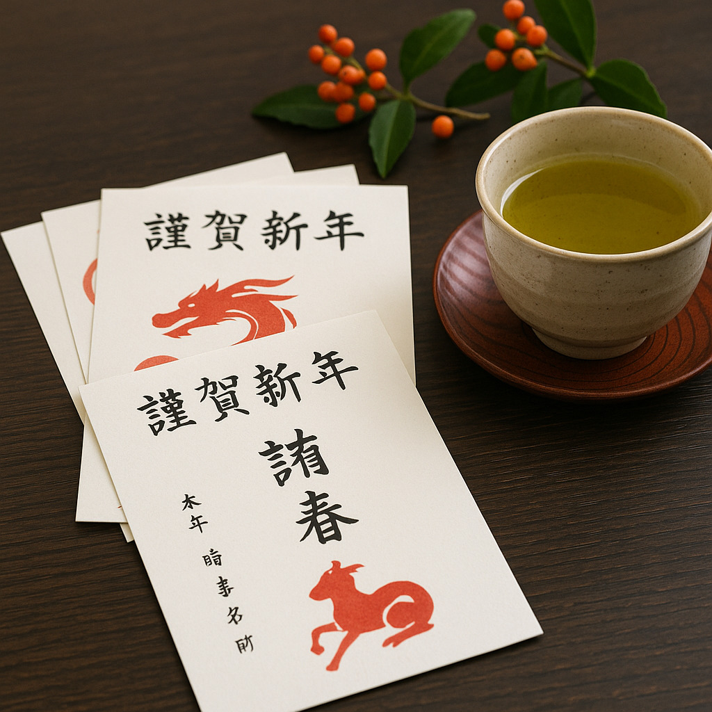 お正月の朝に届いた年賀状とお茶 お正月の朝に届いた年賀状とお茶
