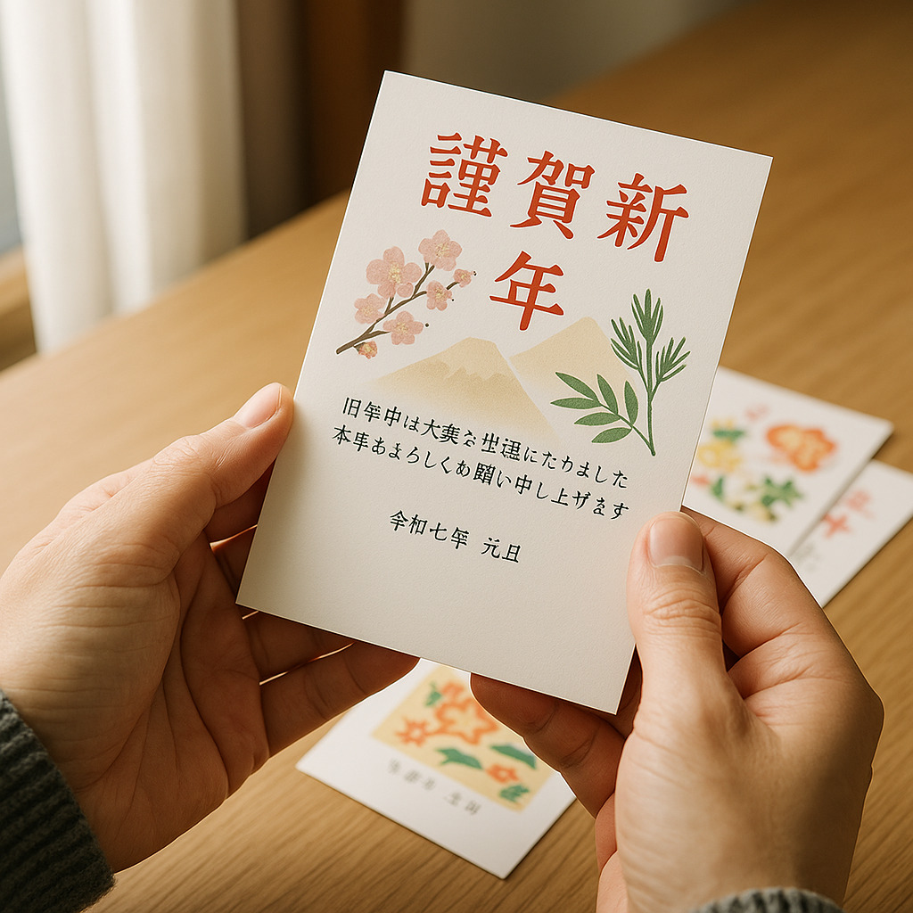 新年の朝に届いた年賀状とお茶 新年の朝に届いた年賀状とお茶