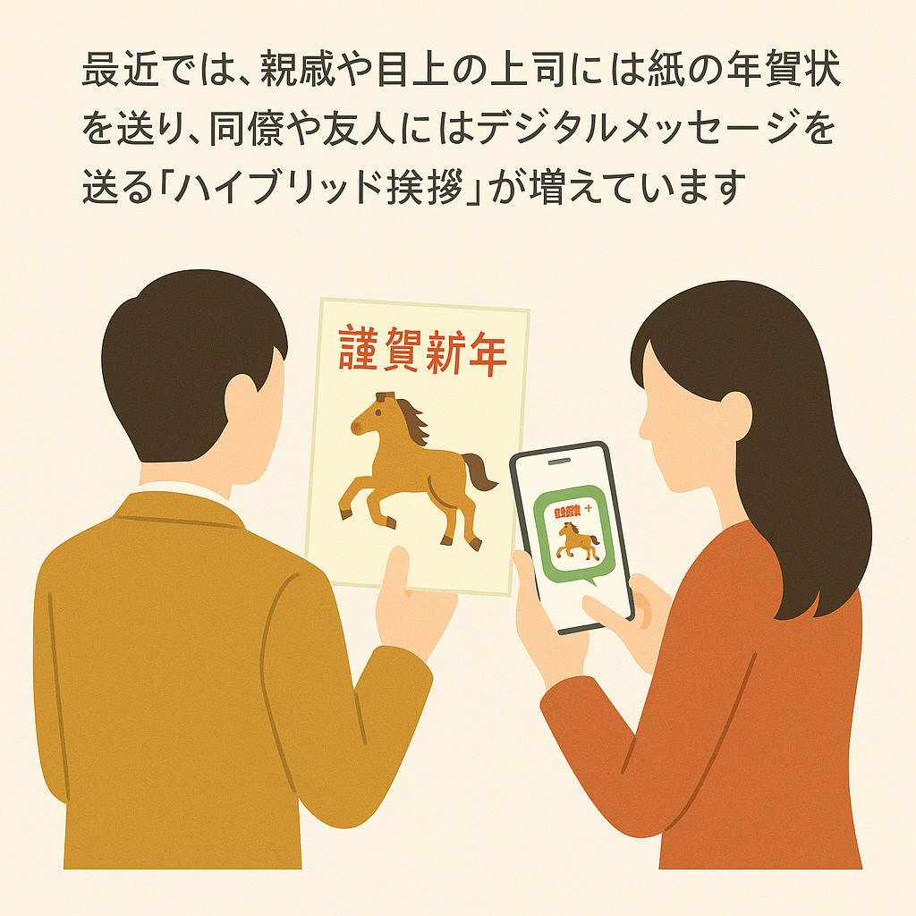 2026年の新年をつなぐハイブリッド挨拶の風景 2026年の干支・馬が描かれた年賀状を手にした男性と、スマートフォンでメッセージを送る女性。ハイブリッド挨拶の様子