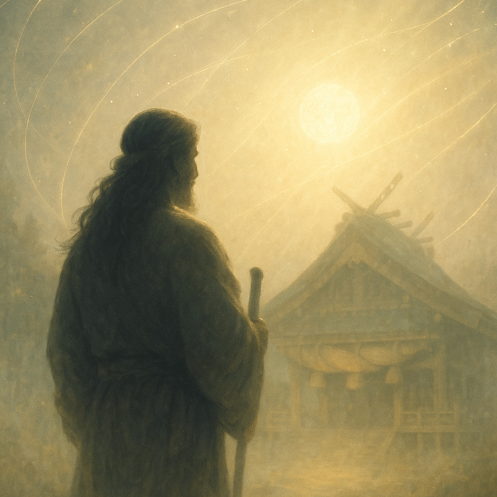 大国主大神 ― 縁を司る神の光 柔らかな光に包まれる大国主大神の象徴的なシルエットと出雲の神殿