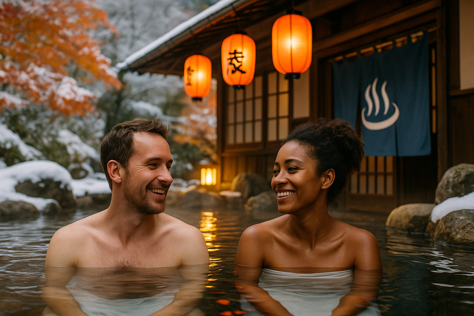 外国人旅行者にも人気の日本の露天風呂と温泉街の風景