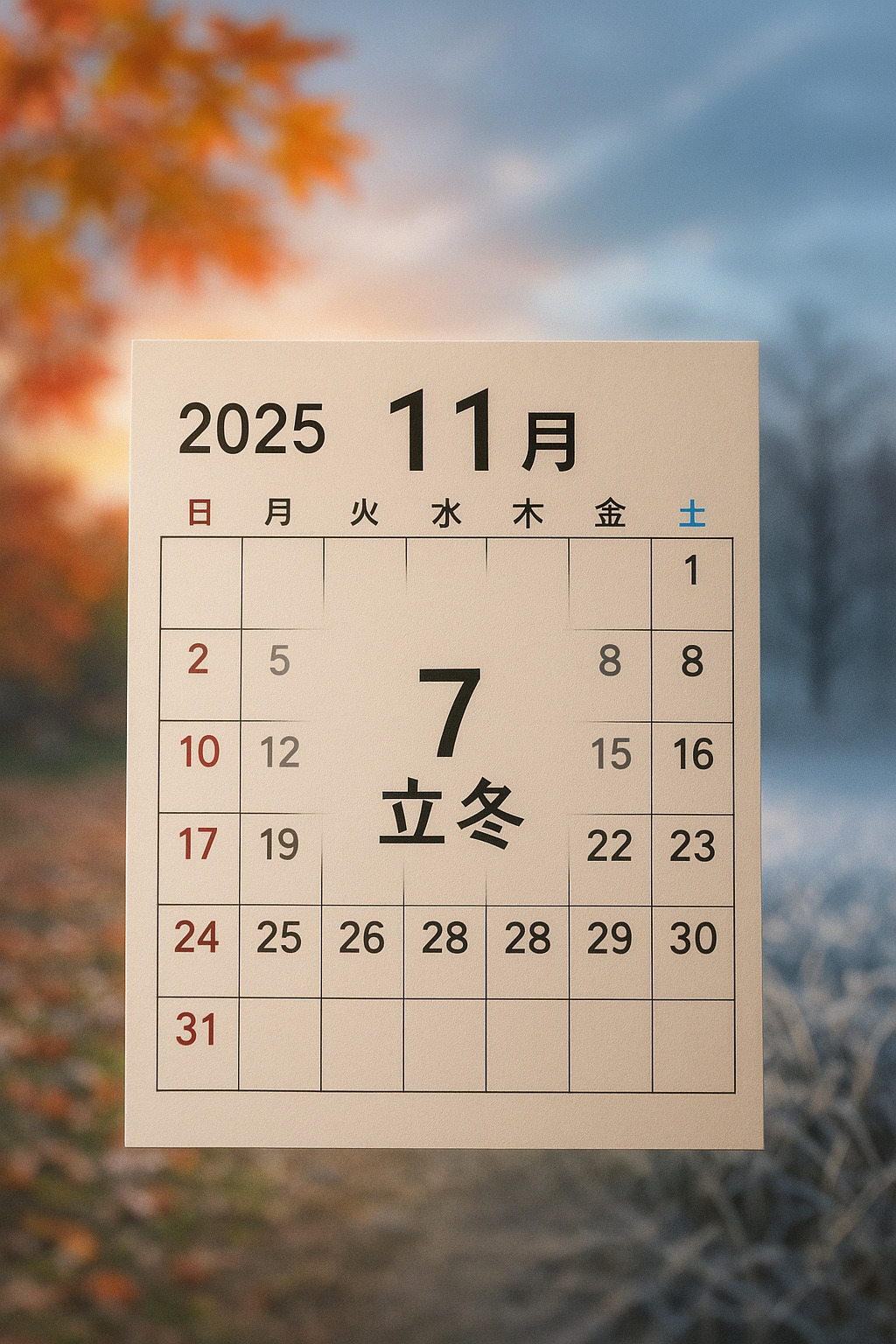 2025年11月7日の立冬を示すカレンダーと冬の始まりを感じさせる情景