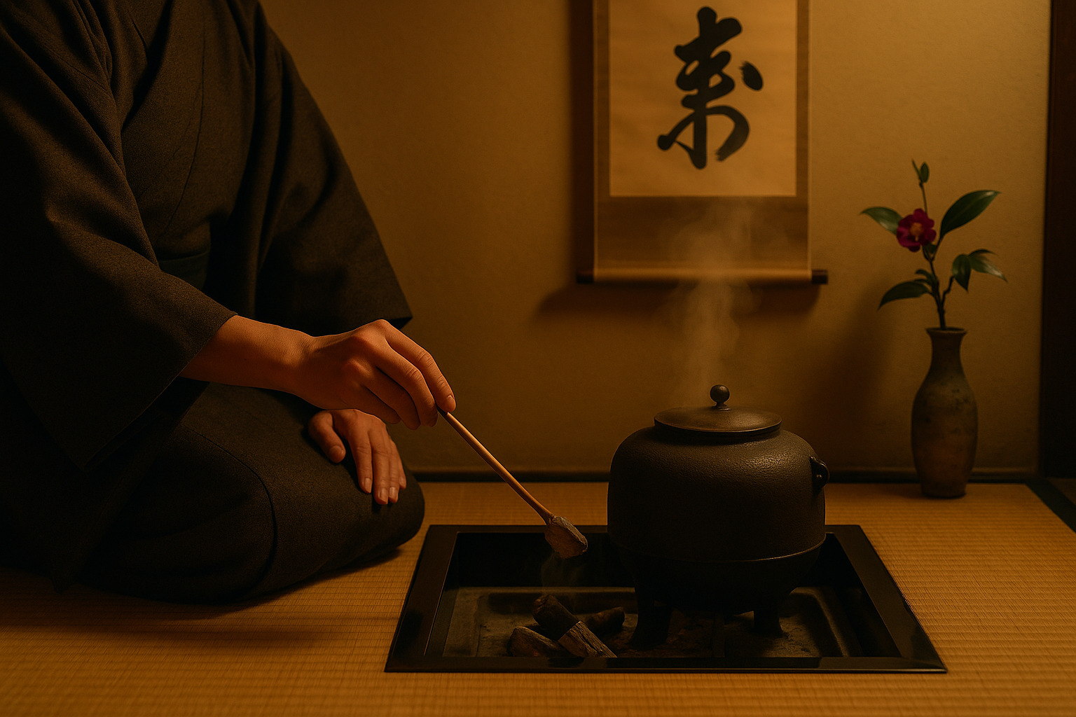 茶道の炉開きで炭点前を行う茶人と湯気の立つ鉄釜