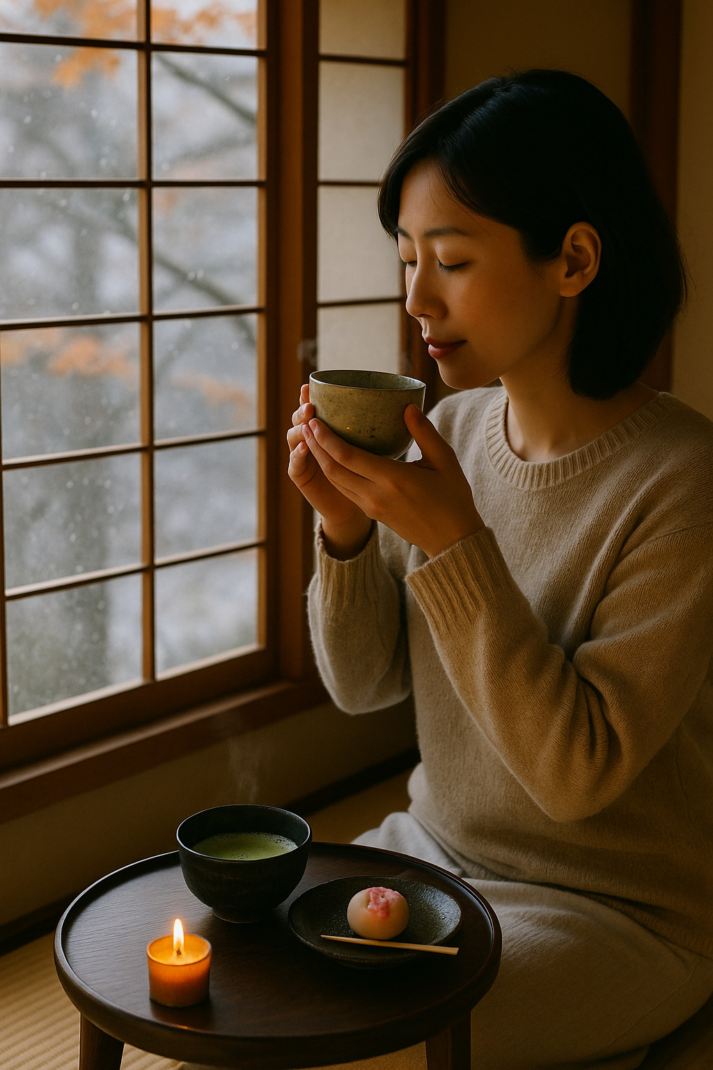 窓辺で抹茶と和菓子を楽しむ現代の日本人