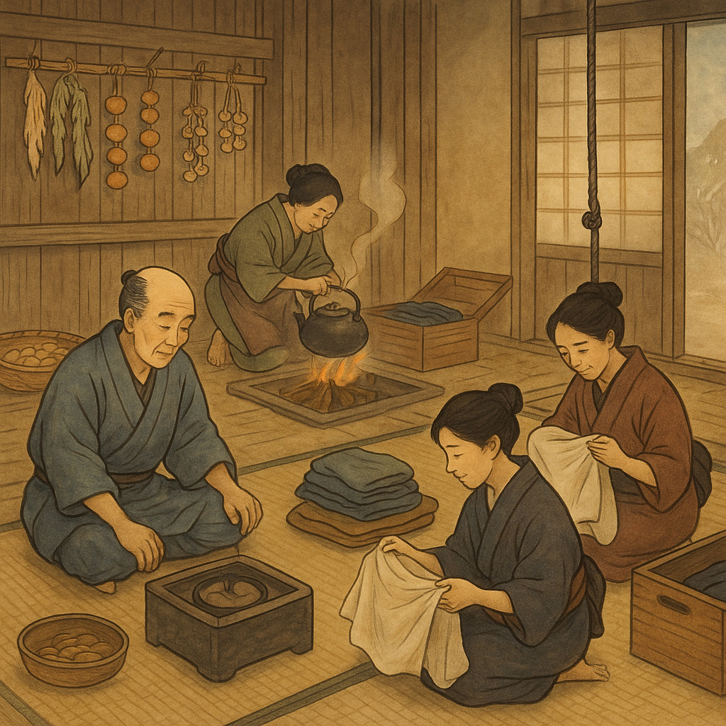 江戸時代の町家で冬支度をする人々の情景