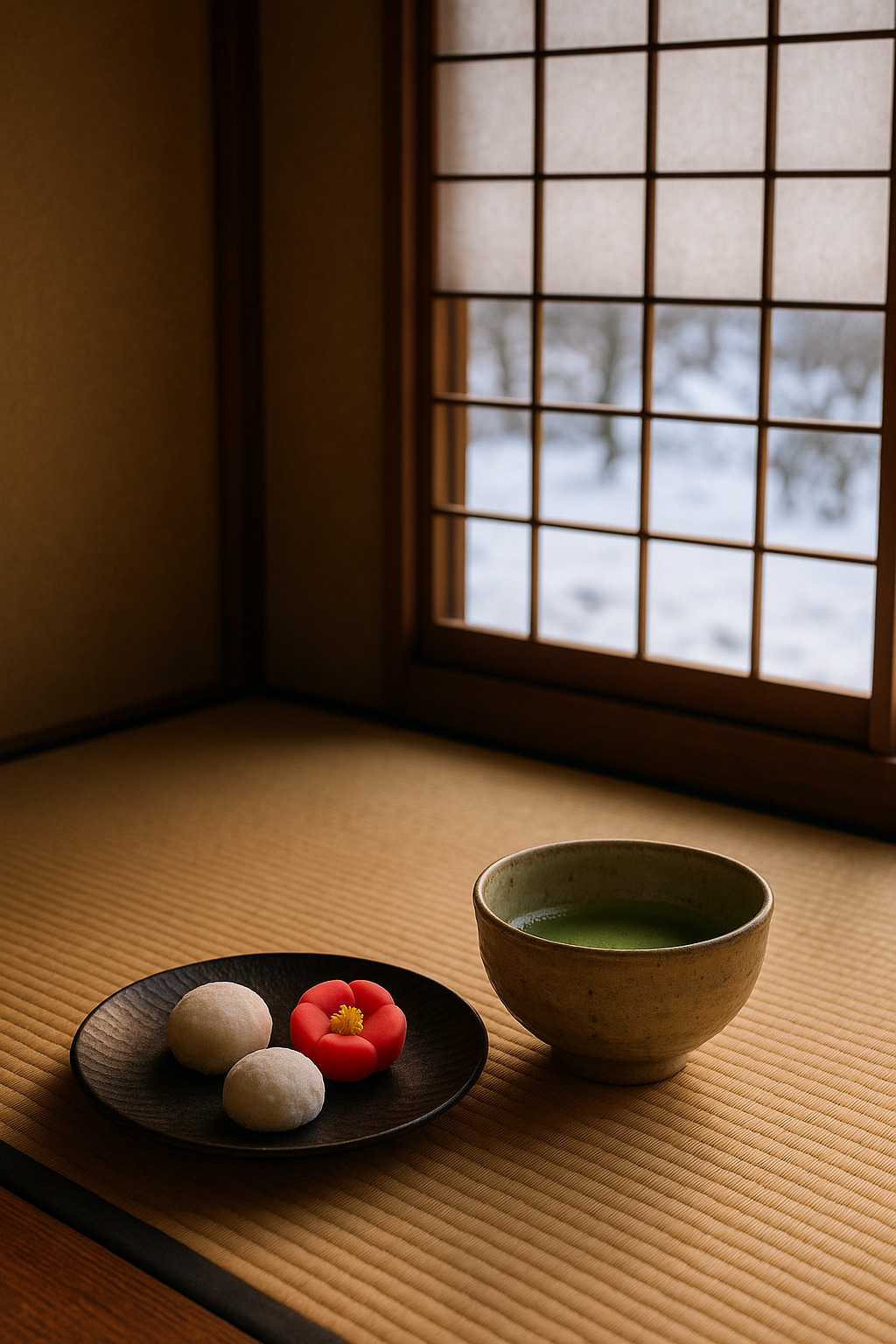 立冬の茶室で和菓子と抹茶を楽しむ静かな冬の情景