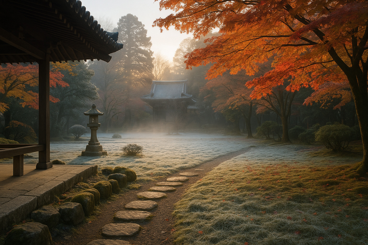 立冬の朝 ― 古寺の庭に漂う冬の気配と静けさ