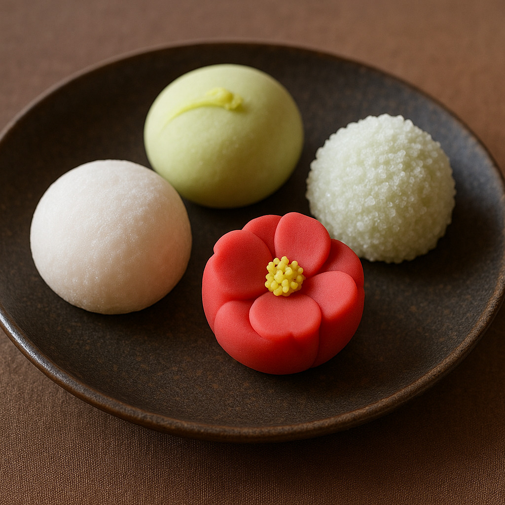 皿に並ぶ雪平・寒椿・雪餅など冬の上生菓子