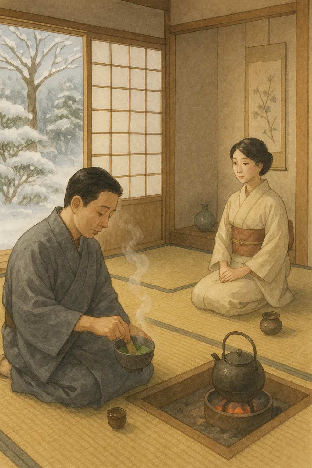 炉のある冬の茶会風景 炉のある冬の茶会風景