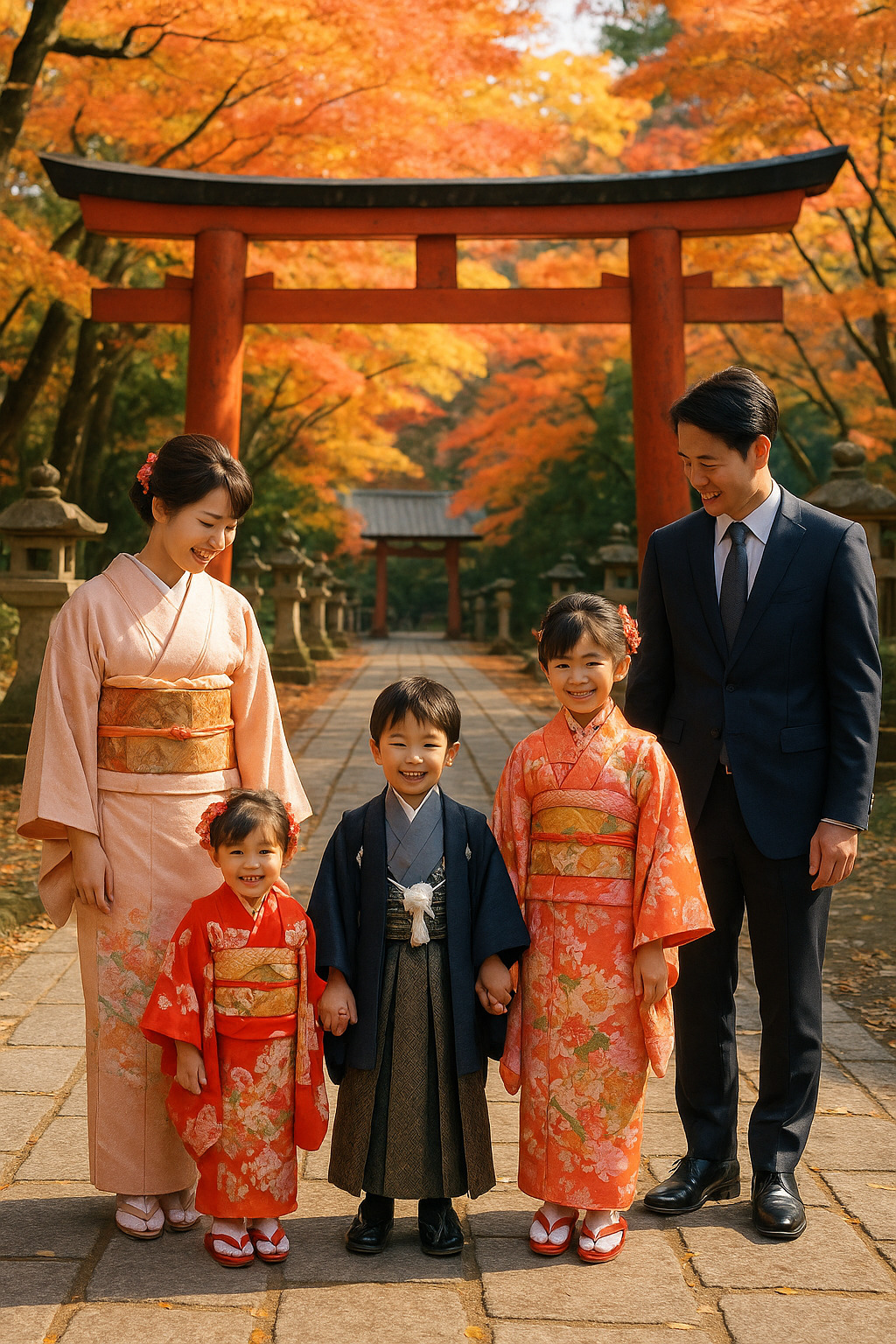 神社の境内で七五三を祝う家族 ― 子どもの健やかな成長を祈る日本の秋の風景