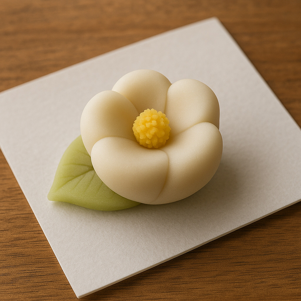 雪椿の上生菓子 ― 冬の静けさを映す甘美 雪椿をかたどった上生菓子