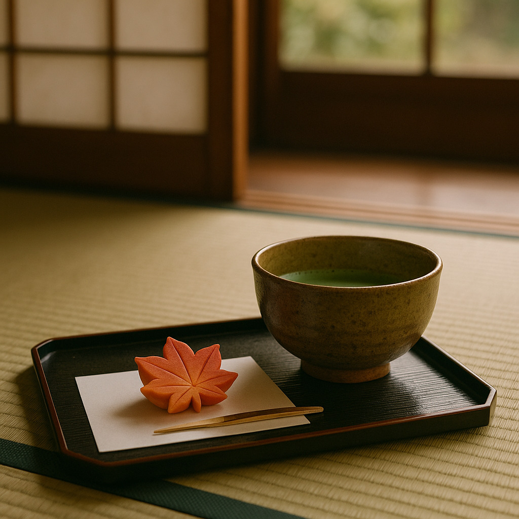茶会の静寂 ― 紅葉の上生菓子と抹茶 茶室に置かれた抹茶と紅葉をかたどった和菓子