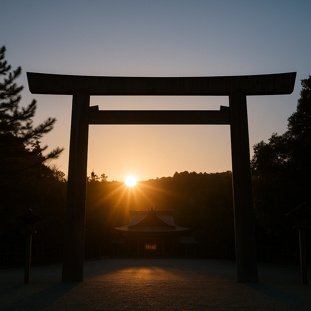 冬至の朝日と神社の鳥居 冬至の朝日と神社の鳥居