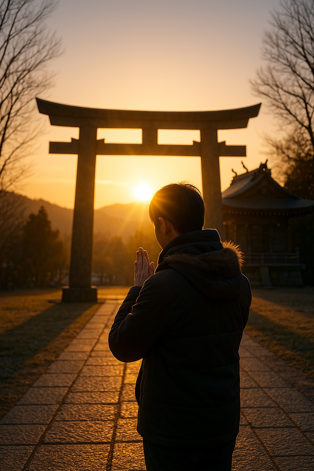 冬至の朝日を浴びて祈る参拝者 冬至の朝日を浴びて祈る参拝者