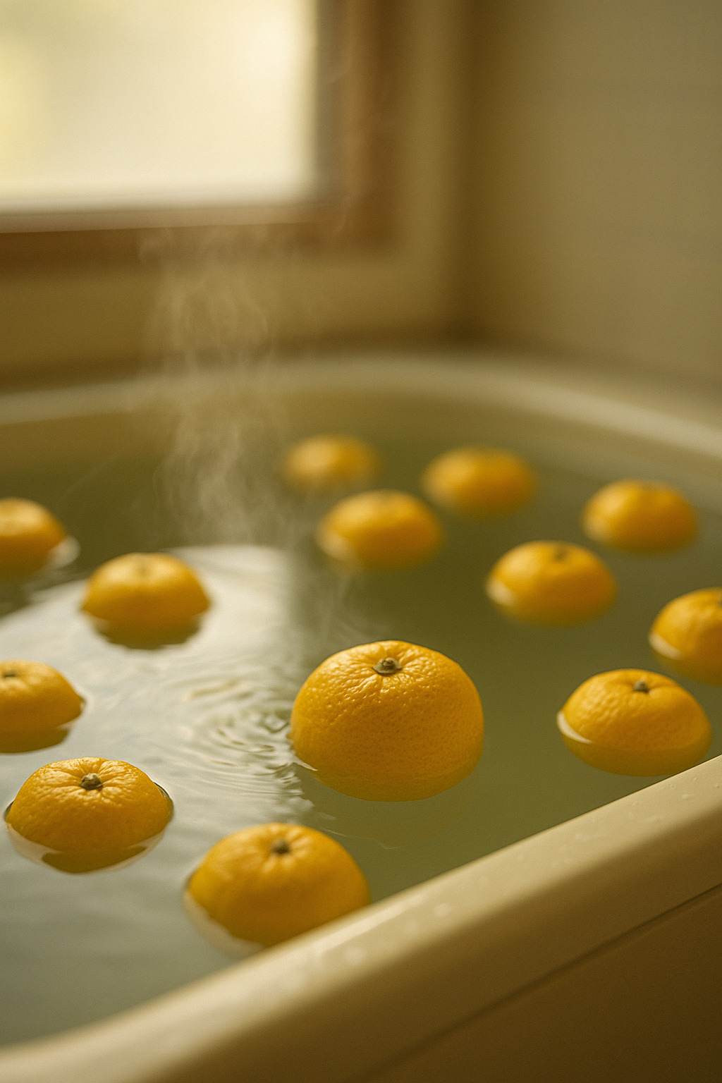 ゆず湯に浮かぶ柚子と湯気 ゆず湯に浮かぶ柚子と湯気