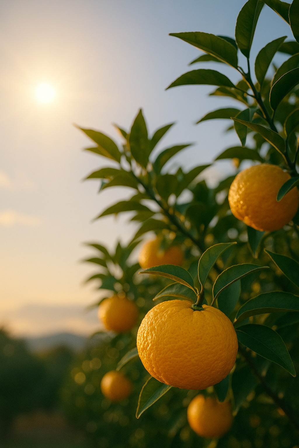 冬至の太陽と柚子の実 冬至の太陽に照らされる柚子の木