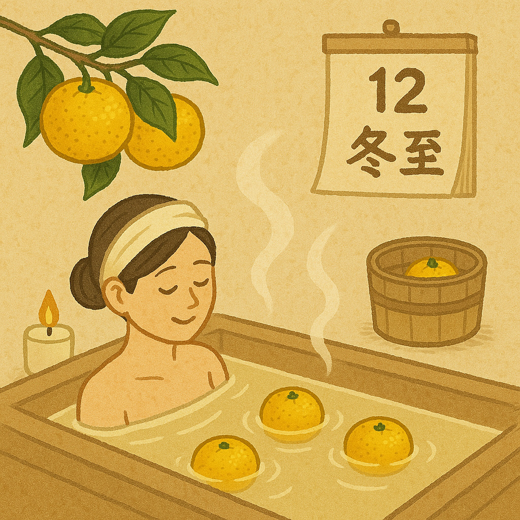 冬至のゆず湯と祈りのひととき 冬至の日 ゆず湯に浸かる女性のイラスト