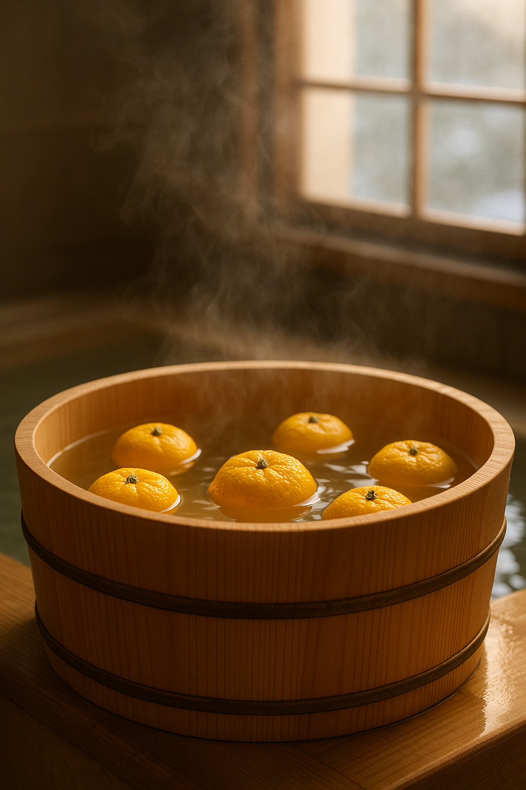 冬至のゆず湯|木桶に浮かぶ柚子の香り 冬至のゆず湯 木桶に浮かぶ柚子と立ち上る湯気