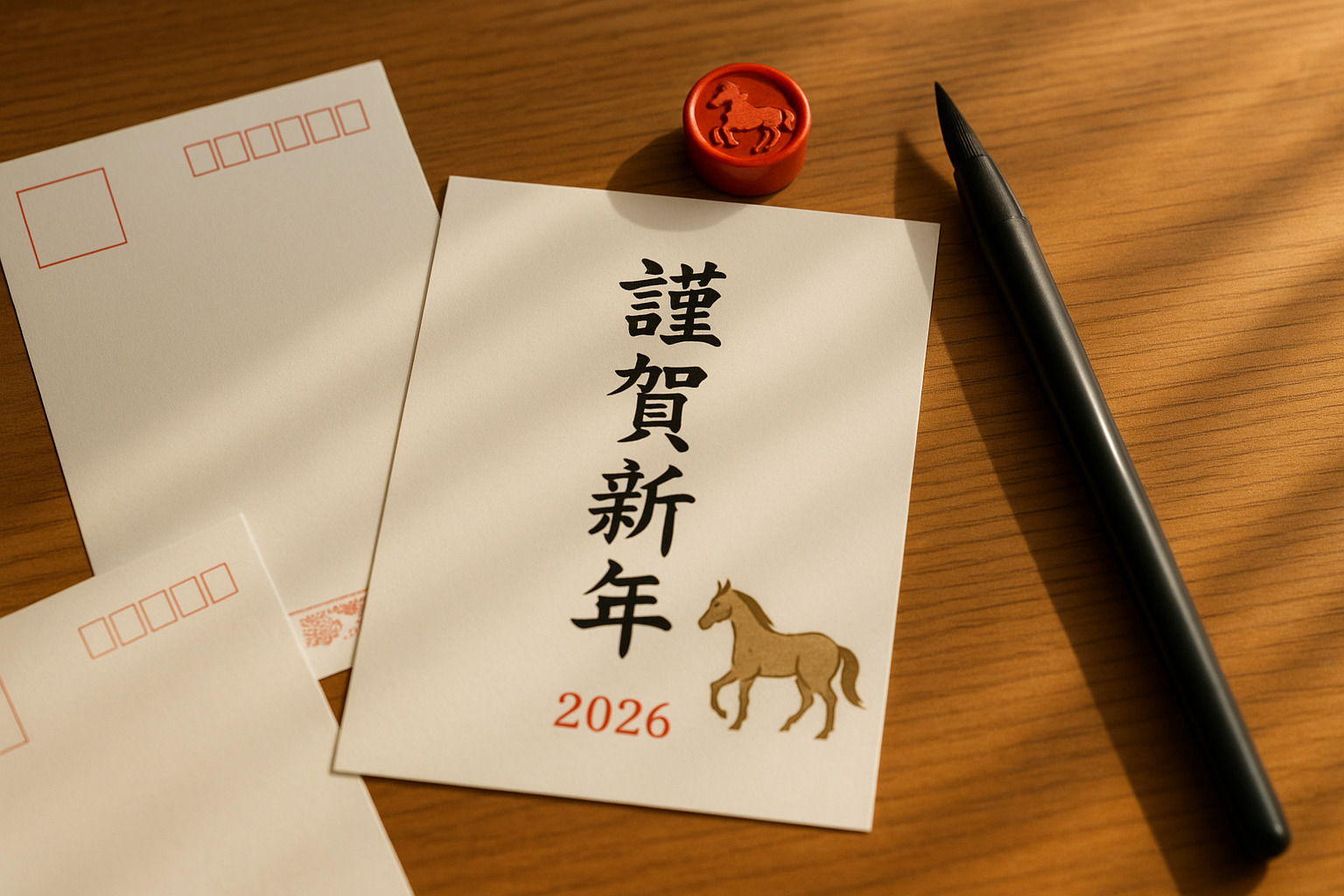2026年・干支の馬と謹賀新年の年賀状 2026年、干支の馬と「謹賀新年」の文字が配された年賀状と筆ペンの静かな構図