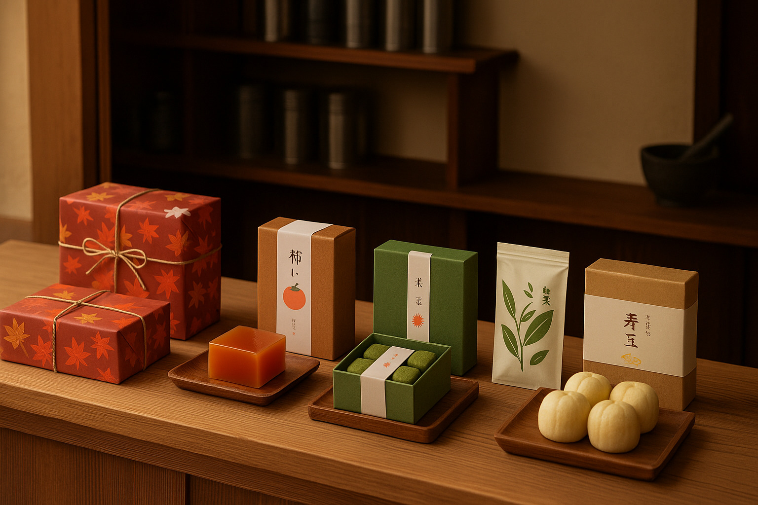 茶舗の店先に並ぶ秋冬限定の和菓子ギフト(文字なし) 茶舗の店先に並ぶ秋冬限定の和菓子ギフト(文字なし)