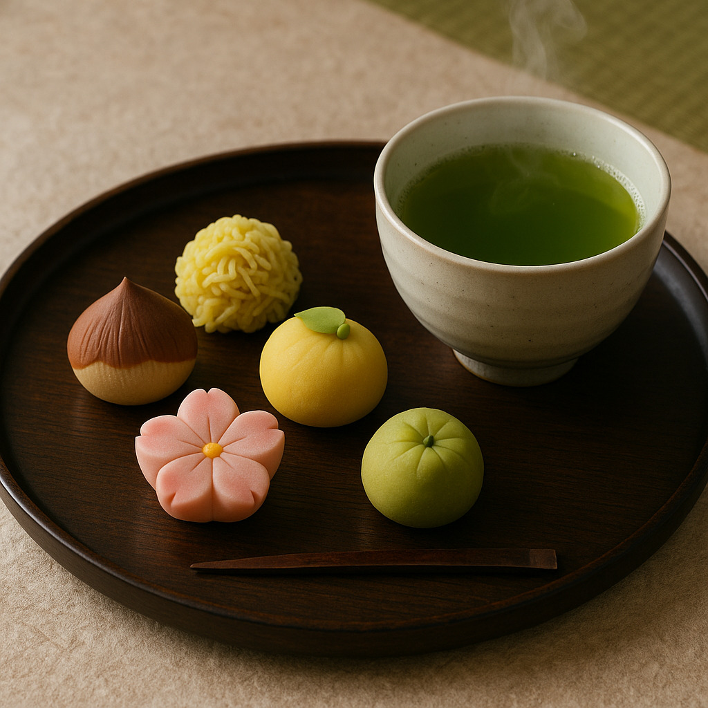 木の盆に並ぶ上生菓子と湯気立つ煎茶 木の盆に並ぶ上生菓子と湯気立つ煎茶