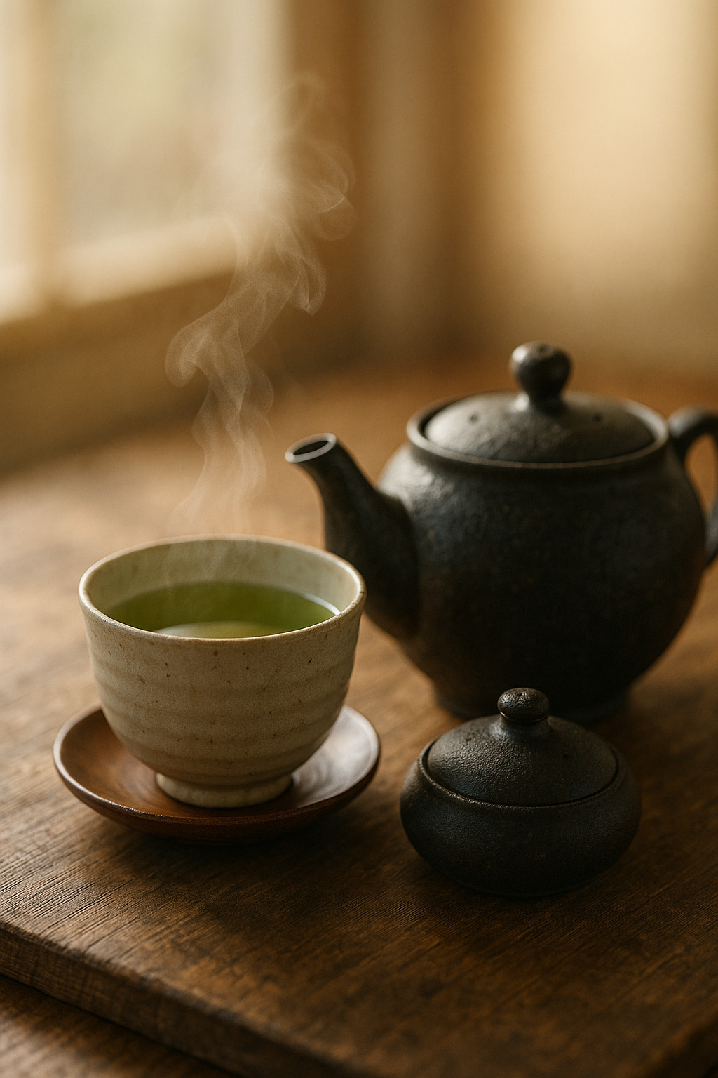 湯気立つ日本茶の冬の朝 湯気の立つ日本茶と急須。冬の朝の柔らかな光が差し込む風景