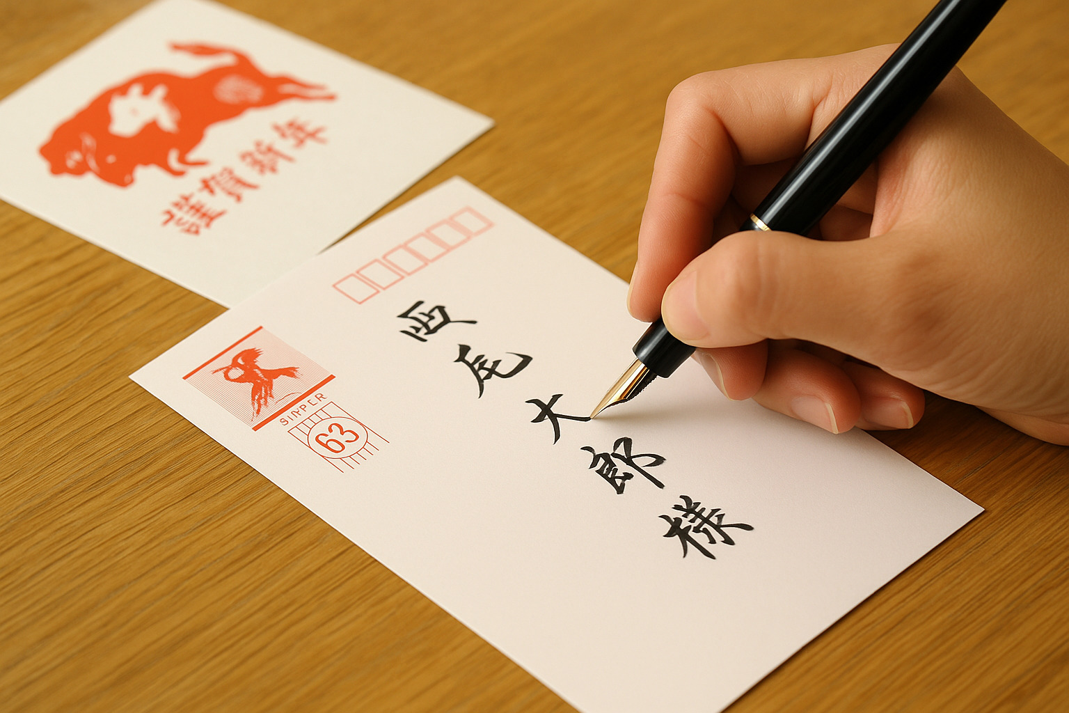 年賀状の宛名を書く手元 年賀状の宛名を書く手元