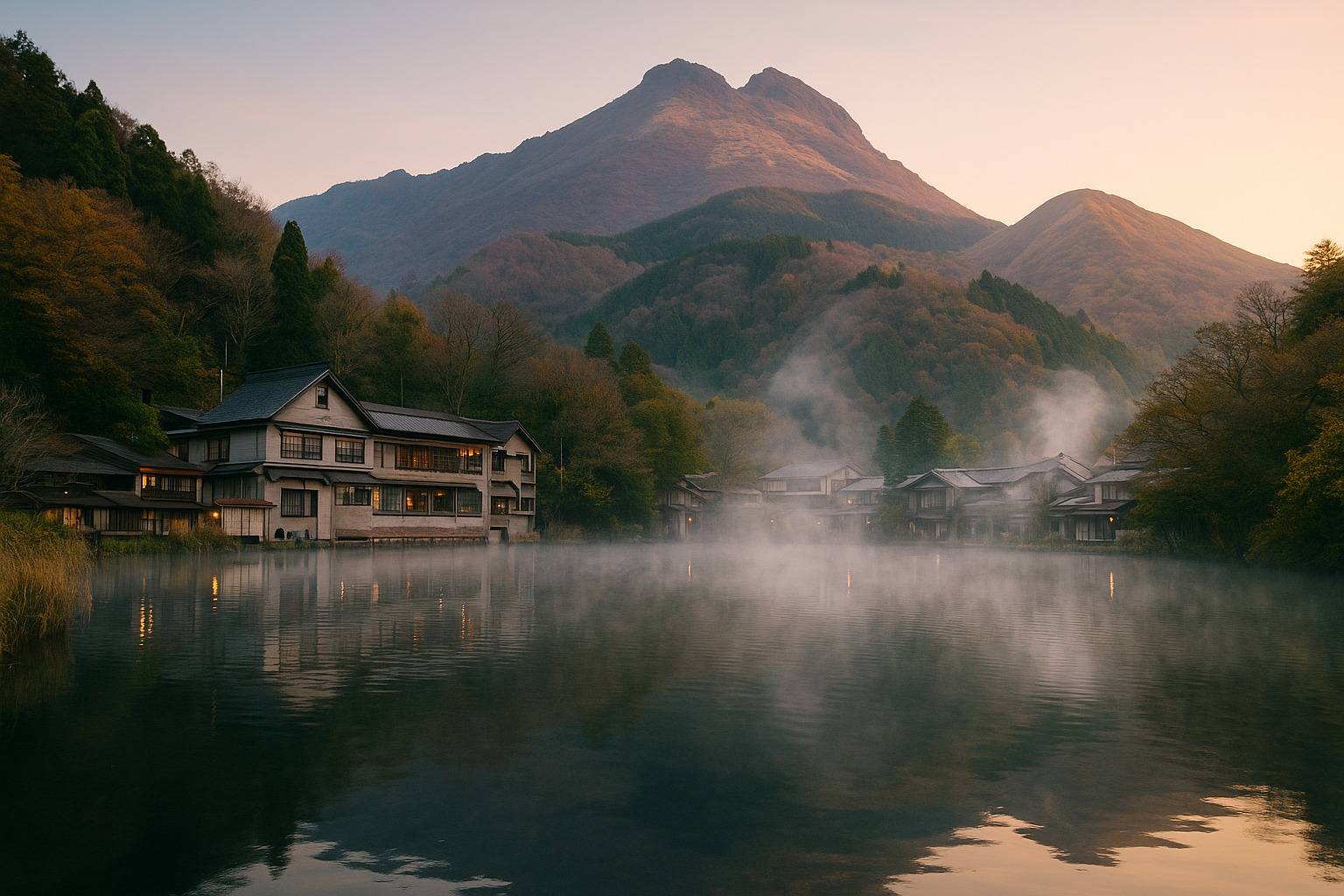 由布岳を望む由布院温泉街の朝の景観