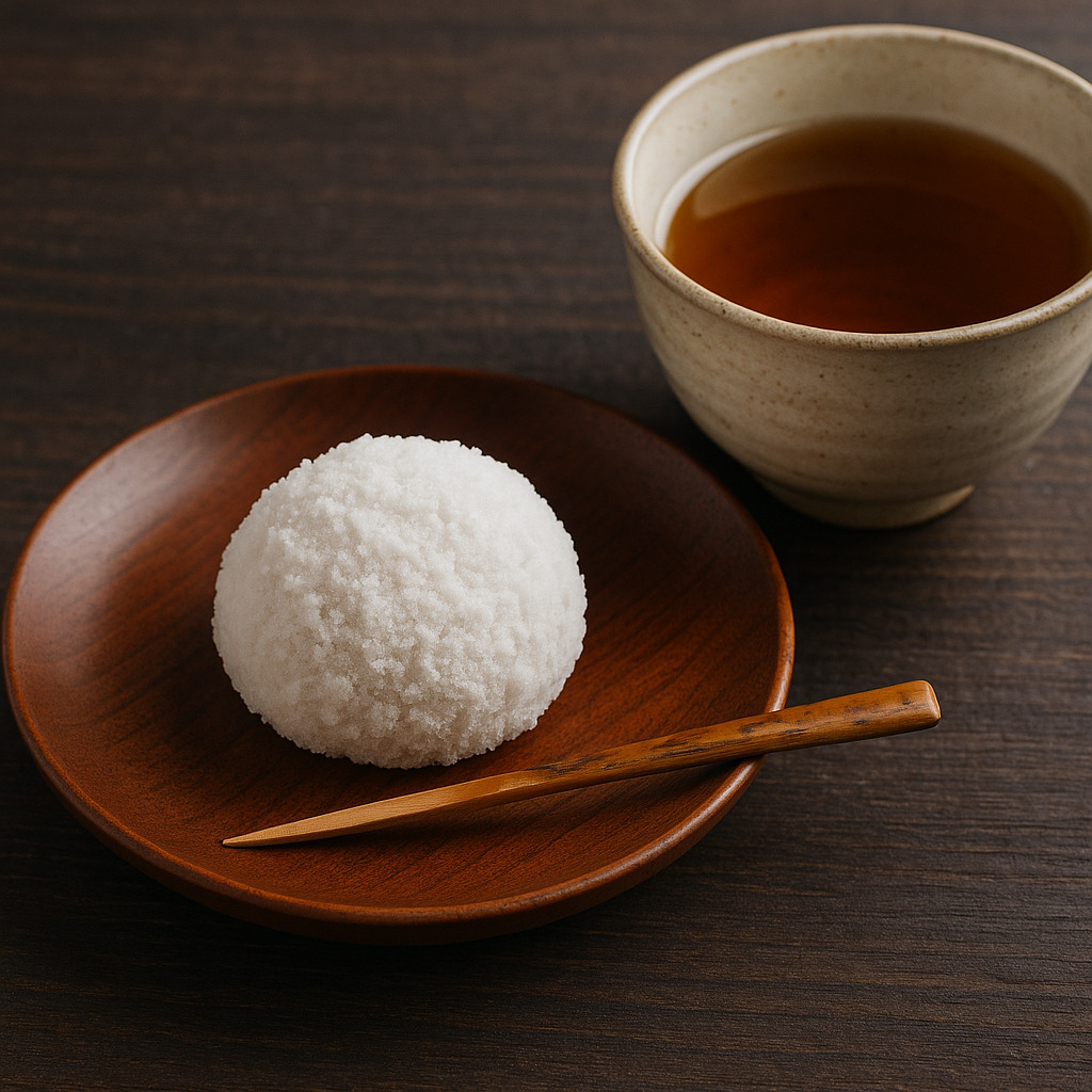 雪を映す上生菓子『雪餅』とほうじ茶 雪を映す上生菓子『雪餅』とほうじ茶